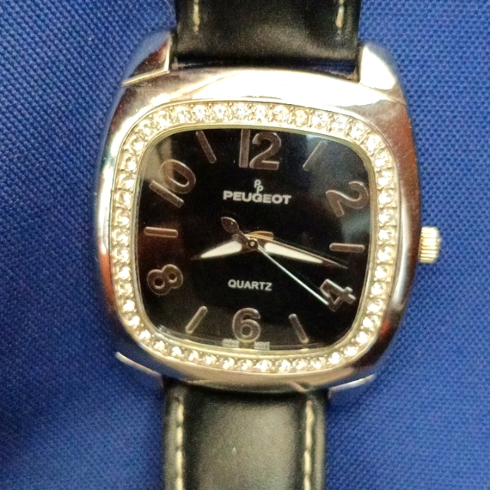 Peugeot Swarovski Black Leather Watch Working
